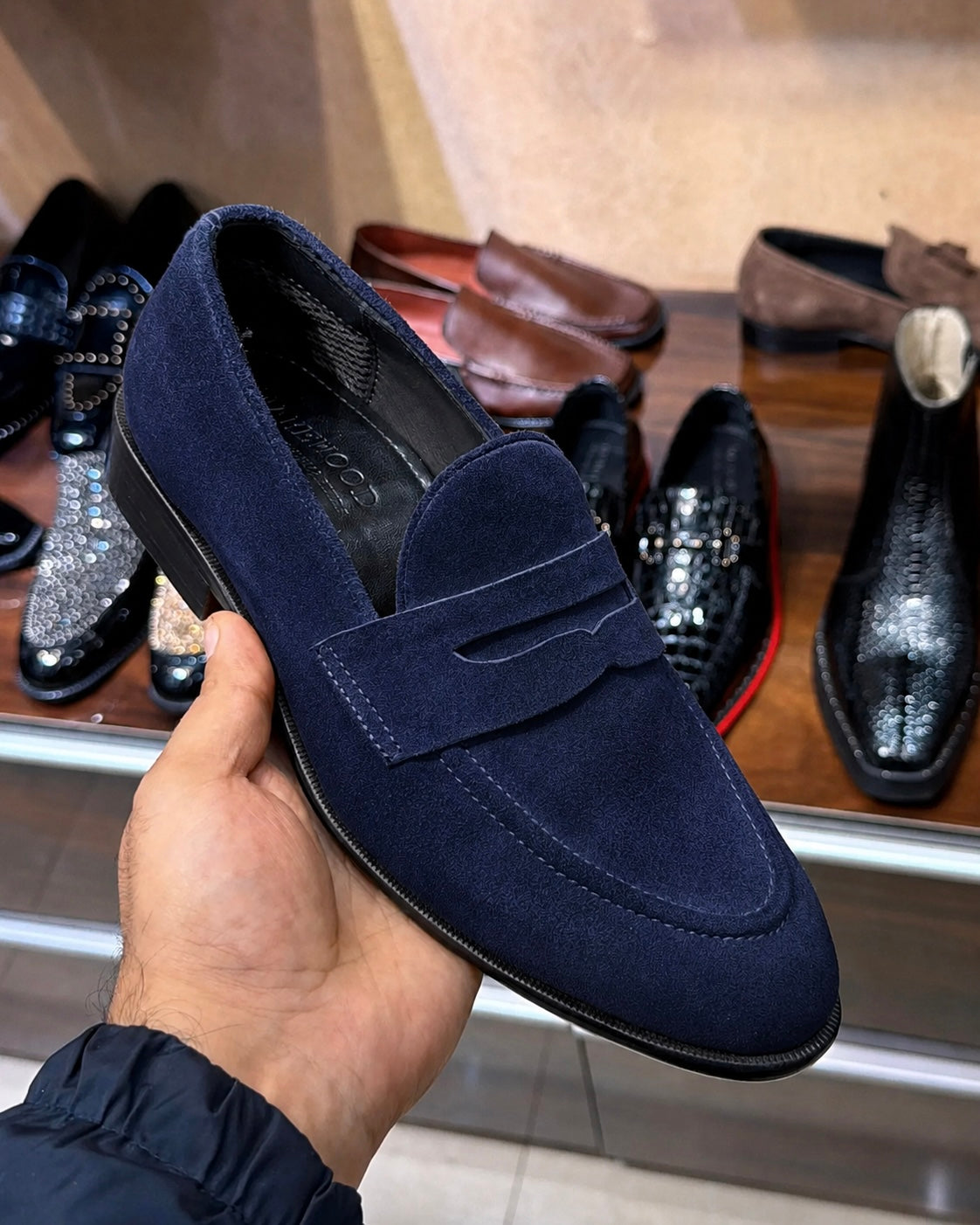 navy blue suede penny loafers