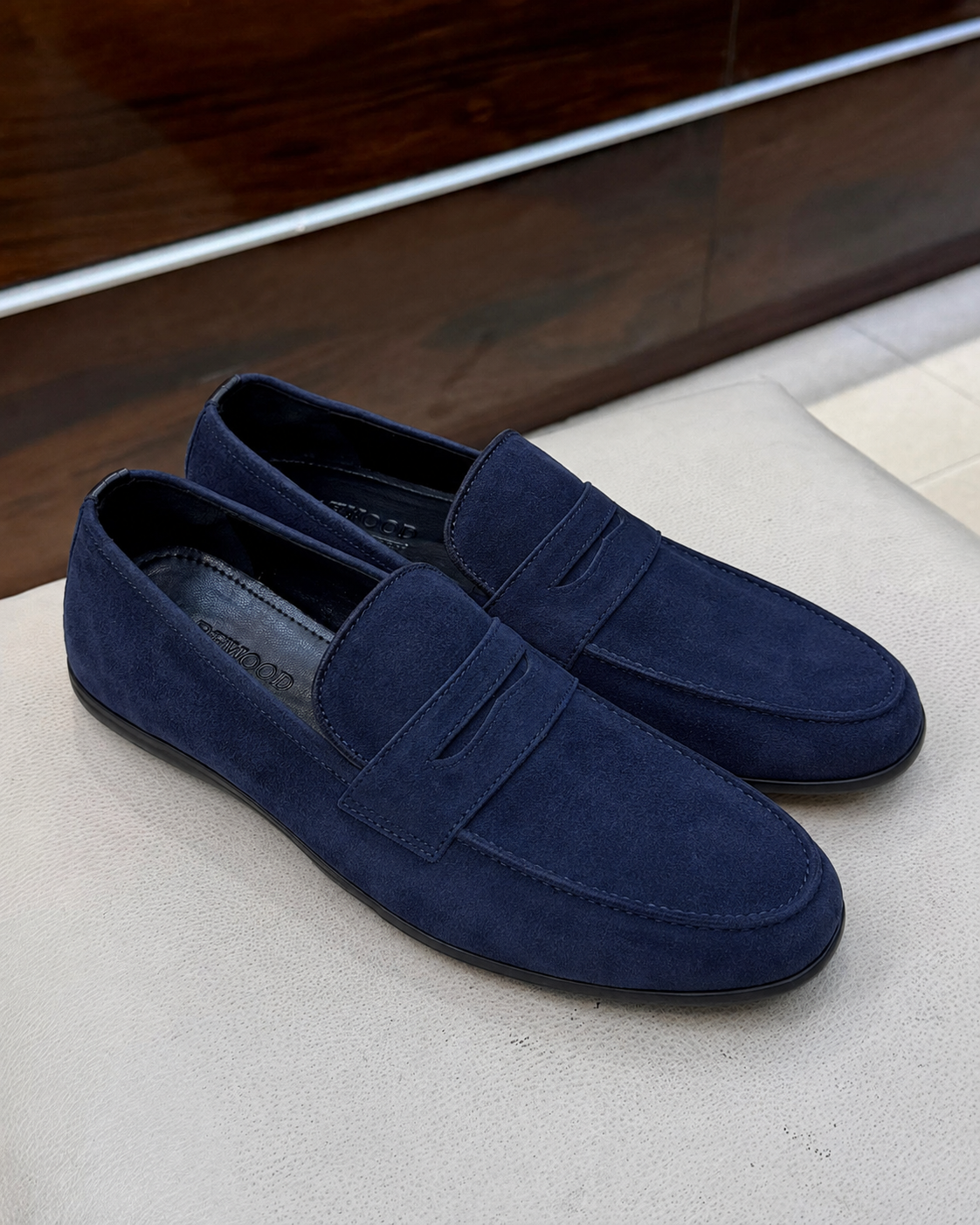 Navy suede driving loafers