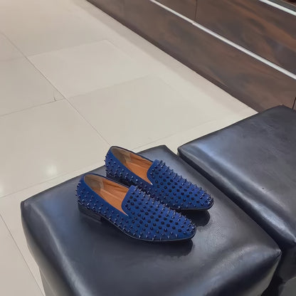 Blue Studded Moccasins with Orange Interior and Red Bottoms