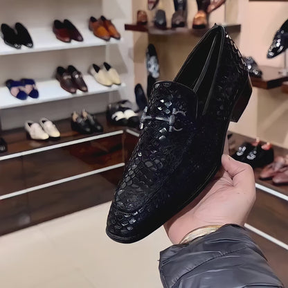 Mirror Gloss Exotic Black Snake Foil Moccasins