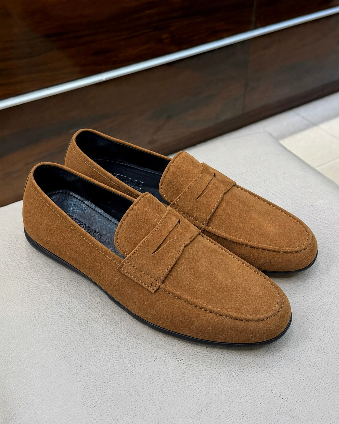 Tan suede driving loafers
