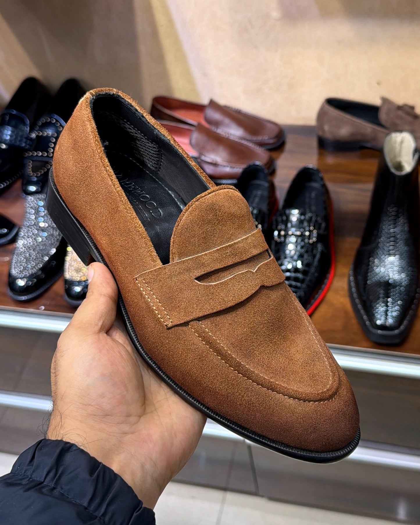 Tan suede penny loafers