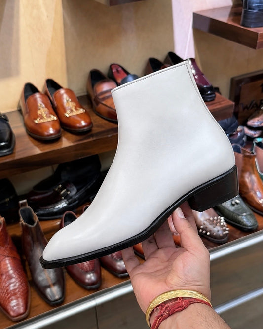 White Calfskin Leather Cuban Heel Boots With Zip