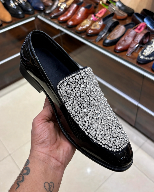 Black Patent Leather White Diamond Studded Loafers