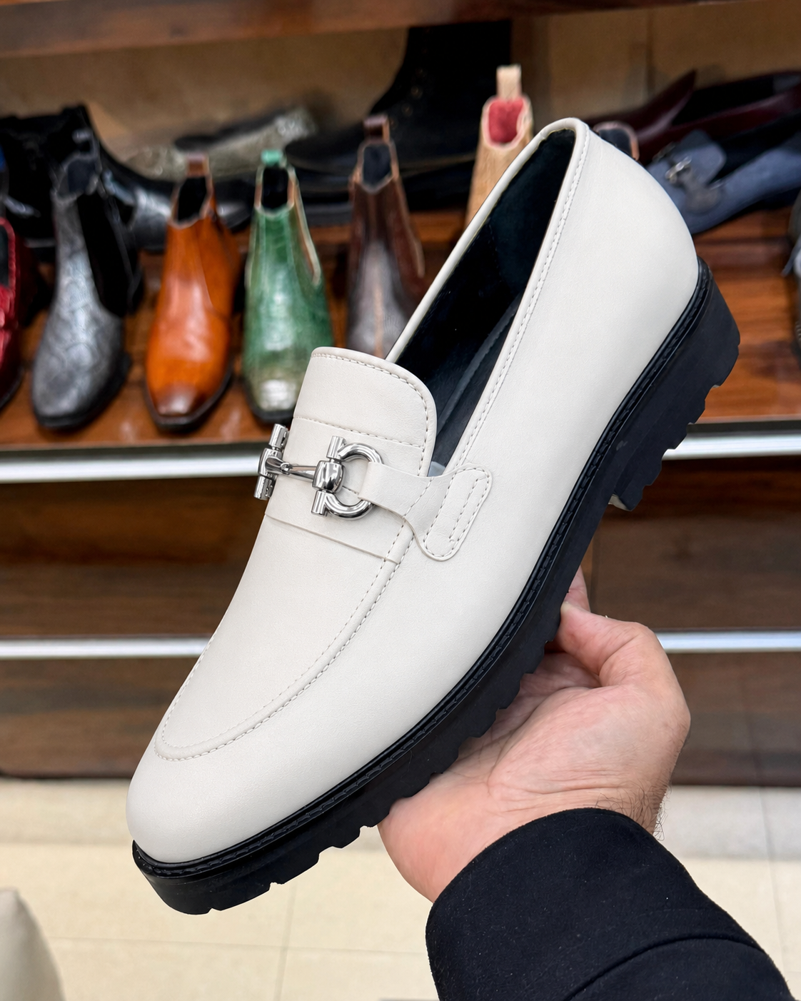 White lug sole loafers