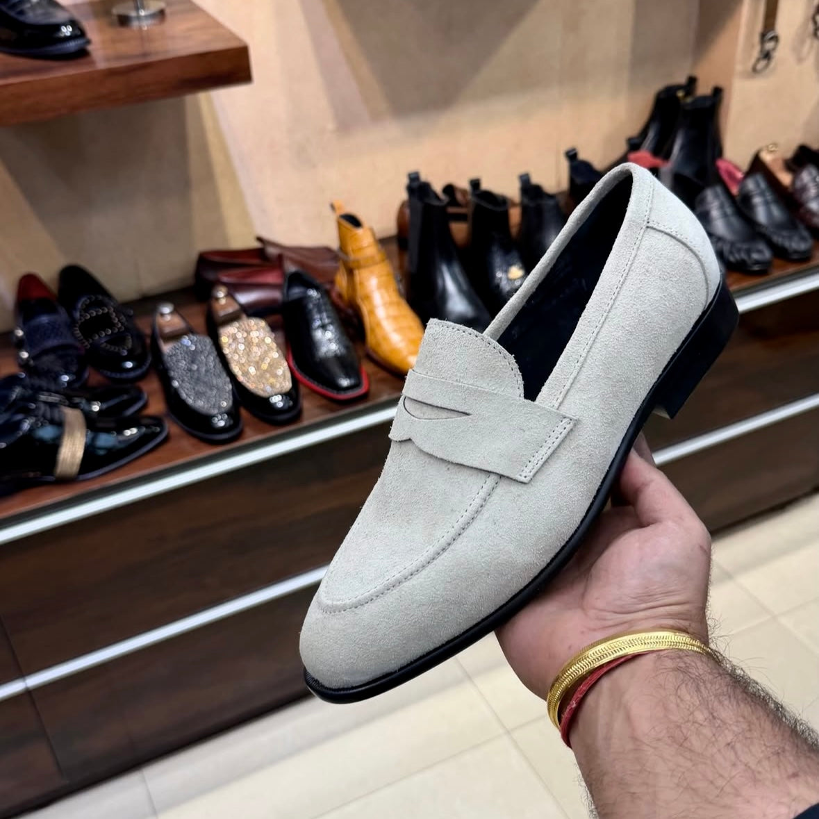 White suede penny loafers for men